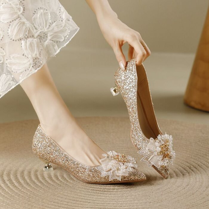 Elegant Glitter & Flower Low Heel Pumps - NN014