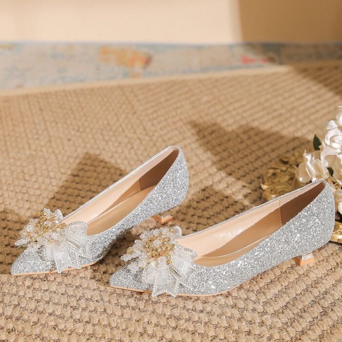 Elegant Glitter & Flower Low Heel Pumps - NN014