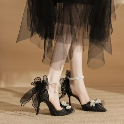 Black Sparkle Pearl Embellished Heels - NN015