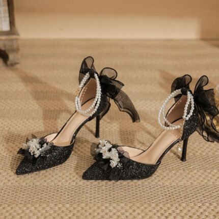 Black Sparkle Pearl Embellished Heels - NN015