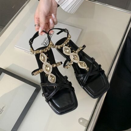 Embellished Rhinestone Ankle Strap Design Flat - NN026