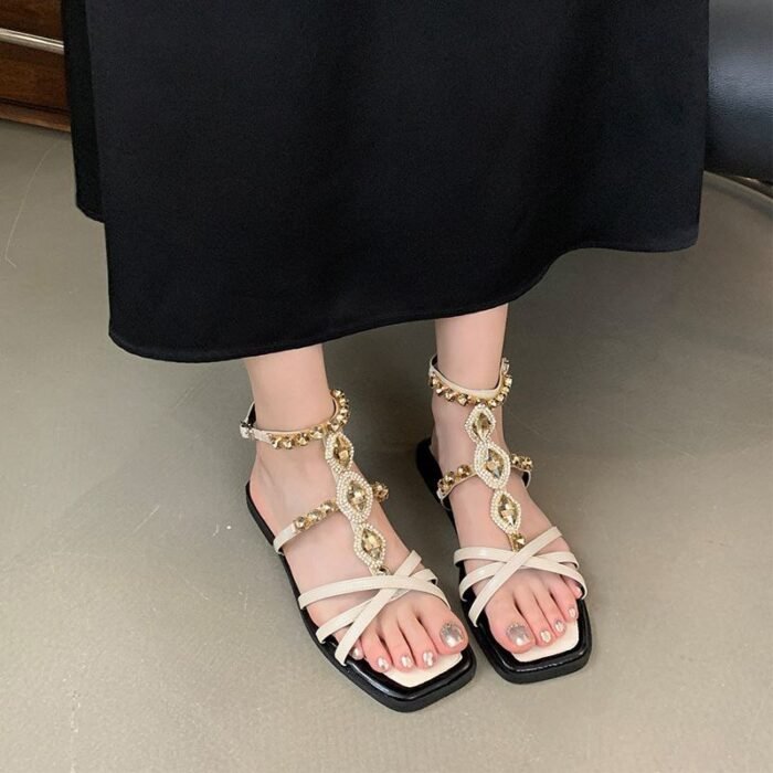 Embellished Rhinestone Ankle Strap Design Flat - NN026