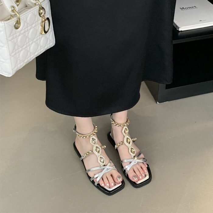 Embellished Rhinestone Ankle Strap Design Flat - NN026