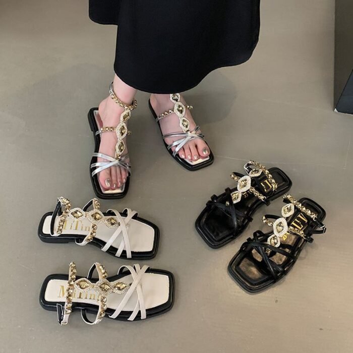Embellished Rhinestone Ankle Strap Design Flat - NN026