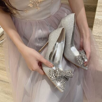 Silver Glitter Bow High Heels - N0058