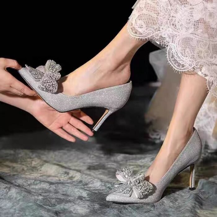 Silver Glitter Bow High Heels - N0058
