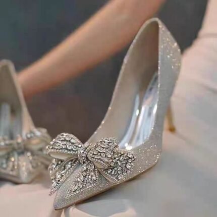 Silver Glitter Bow High Heels - N0058