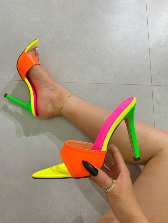 Neon Orange & Pink Stiletto Mules Vibrant High Heel - N0157