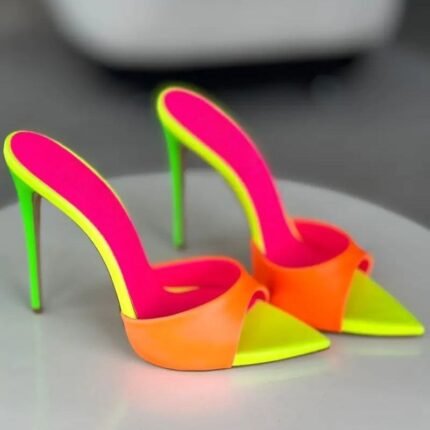 Neon Orange & Pink Stiletto Mules Vibrant High Heel - N0157
