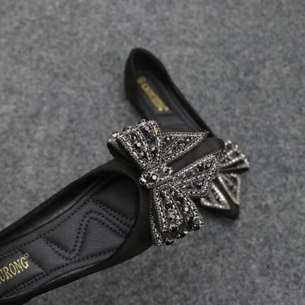 Black Embellished Bow Flat Shoes for Women - NS0042
